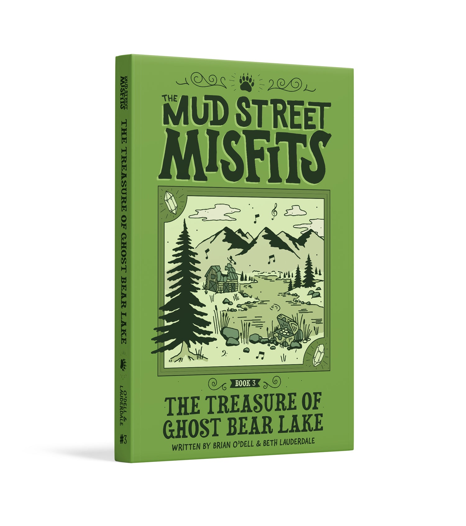 Cover of "The Treasure of Ghost Bear Lake" by The Mud Street Misfits, featuring a mysterious green cover, perfect for young readers ages 8-12 and mystery enthusiasts of all ages!